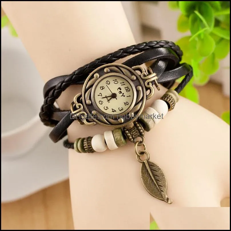 Fashion women s Bracelet Watches Braided Leather multi layer Bronze leaf Charm wrist watches For Ladies Round Case Quartz Watches