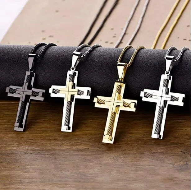 Herren Kreuz Halskette 316L Edelstahl Großer Jesus Christus Anhänger Weiß/Gold/Schwarz 24'' Rolo Kettenschmuck