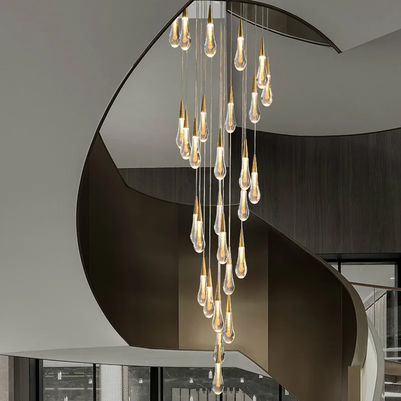 Modern Luxury Duplex Cuilding Villa Trappa LED Ljuskrona Lampa Gyllene Vatten Drop Lång Dining Living Room Art