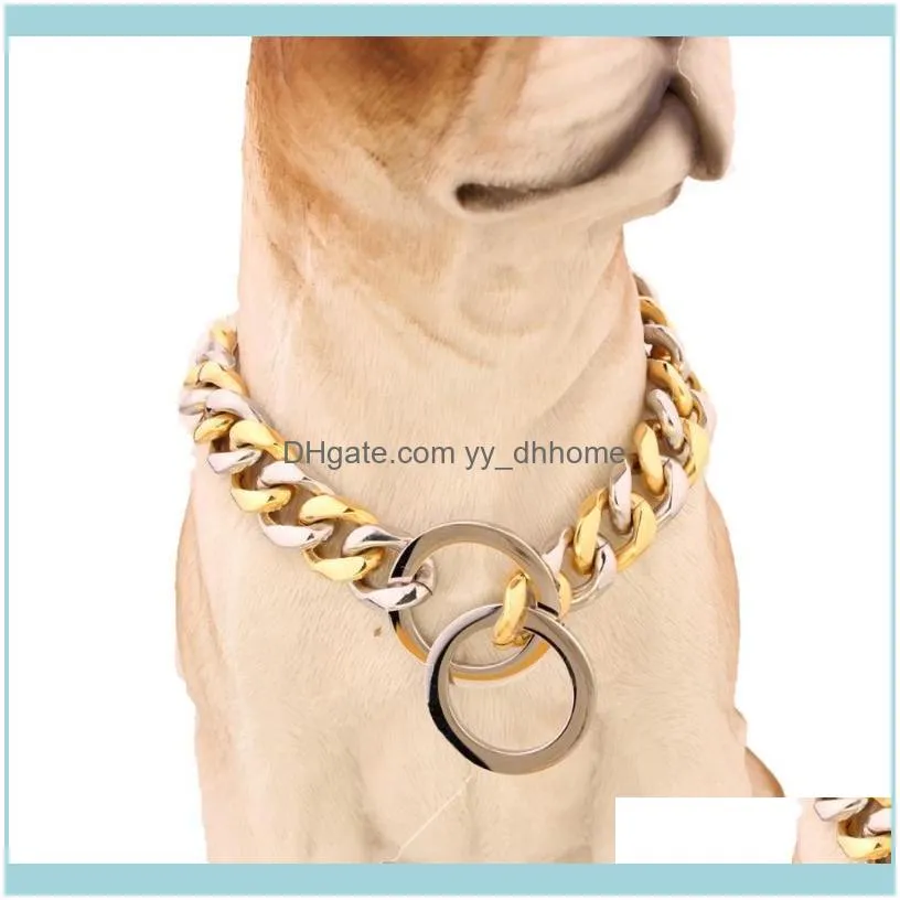 Chains 10/12/15/17/19MMStainless Steel Silver Color/Gold Cuban Curb Strong Pet Supplies Dogs Collar Choker Safety Anti-lost