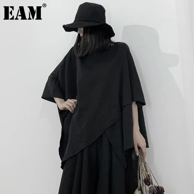 [EAM]女性黒不規則な大きさTシャツラウンドネック3四半期バットウィングスリーブファッションスプリングサマー1DD7639 21512
