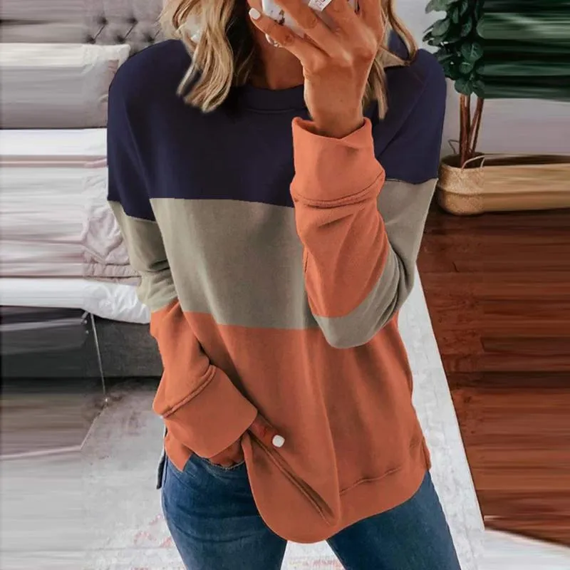 여성용 티셔츠 가을 패션 캐주얼 긴 소매 스트라이프 라운드 넥 컬러 일치하는 느슨한 풀오버 탑 플러스 크기 # 35