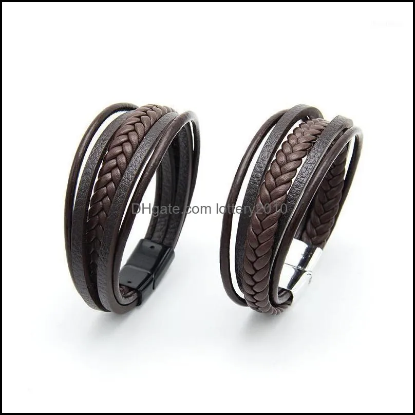 Classic Genuine Leather Men Bracelet Hand Charm Jewelry Handmade Multilayer Magnet Boys Gift 20201