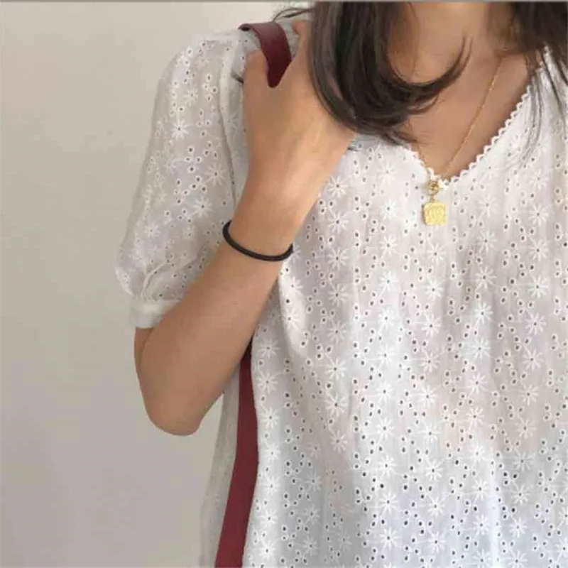 Bordado Lace Womens Bluses Tops de Verão Femme Branco Camisa Camisa de Manga Curta Linho de Algodão Meninas Blusa Plus Size Blusas 210423