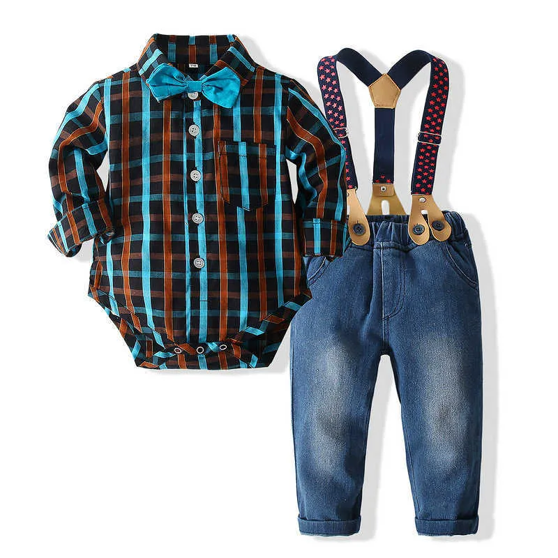 Autumn Baby Boy Jumpsuit Set Toddler Clothing Gentleman Suit Long Sleeve Bow Shirt +suspender Pants Kids Cotton Formal Clothes G1023