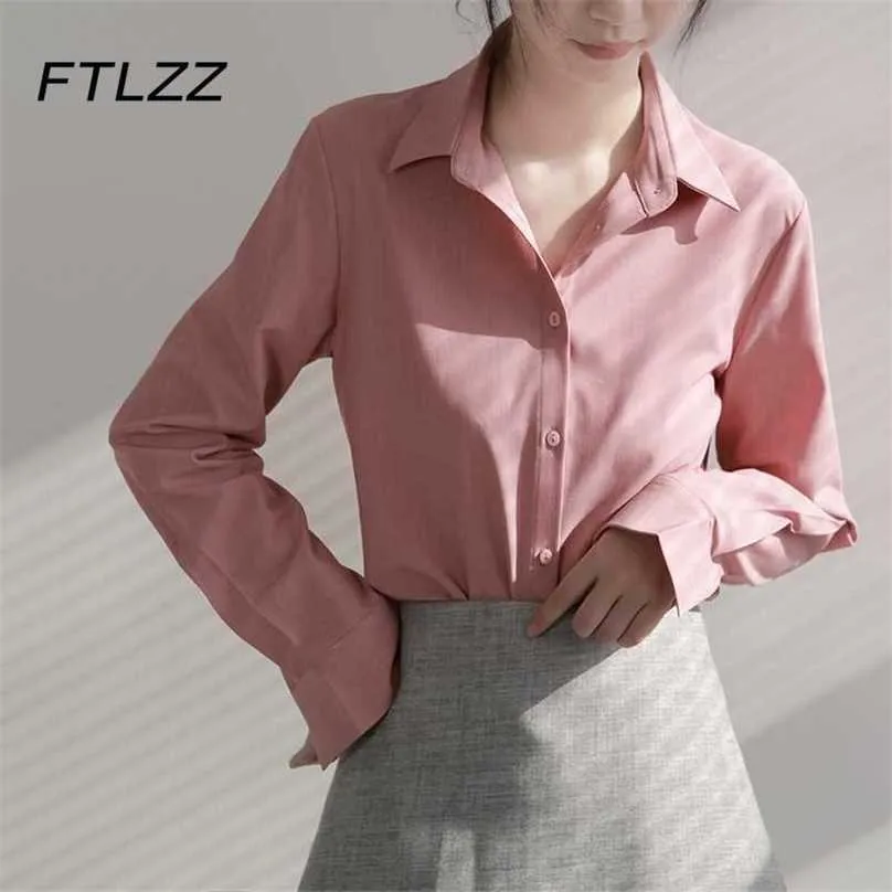 Femmes Mode Rose Blouse Coréenne À Manches Longues Revers Bouton Up Chemises De Bureau Femme Casual Tops 210525