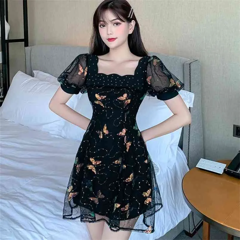 Femmes élégantes été noir papillon robe à paillettes douce filles bouffée à manches courtes décontracté mince fête Vestidos 210519