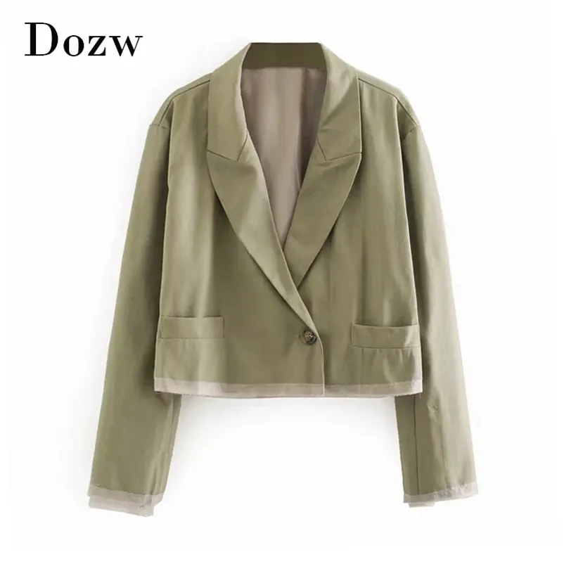 Moda Army Zielony Kolor Krótki Blazer Kobiety Patchwork Z Długim Rękawem Work Wear Blazers Lady Kieszonkowy Pojedynczy Przycisk Płaszcz 210515