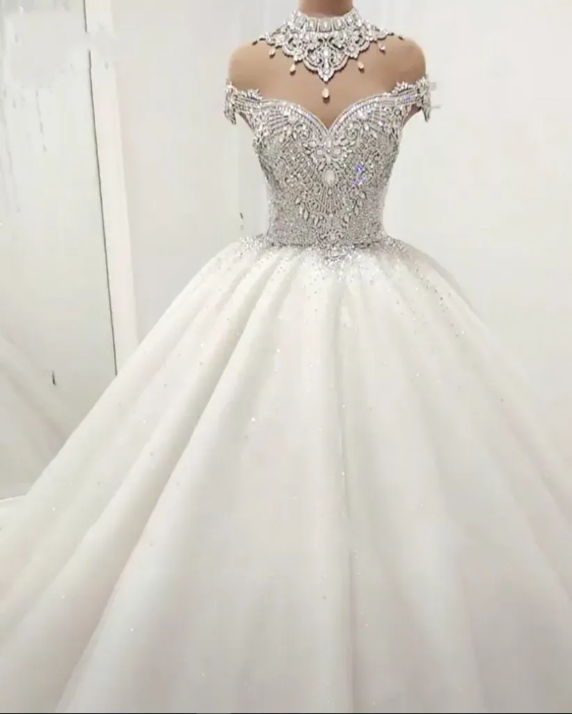 Блестящие кристаллы Vestidos Novia 2022, свадебное платье с высоким воротом, роскошные свадебные платья с открытой спиной, расшитое бисером платье принцессы robe de mariee269R