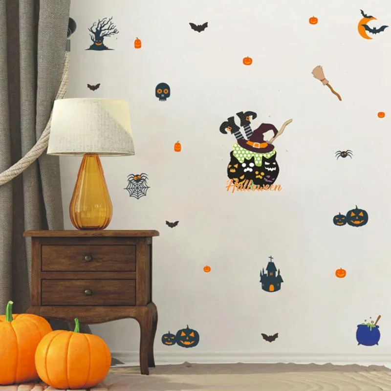 Autocollants de fenêtre Halloween mur dessin animé citrouilles maison hantée fenêtres chambre adhésif décoratif bricolage salle de bain autocollant