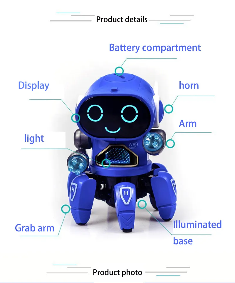 ダンシングヘキサポッドロボットおもちゃ：子供向けのライトと音楽付き