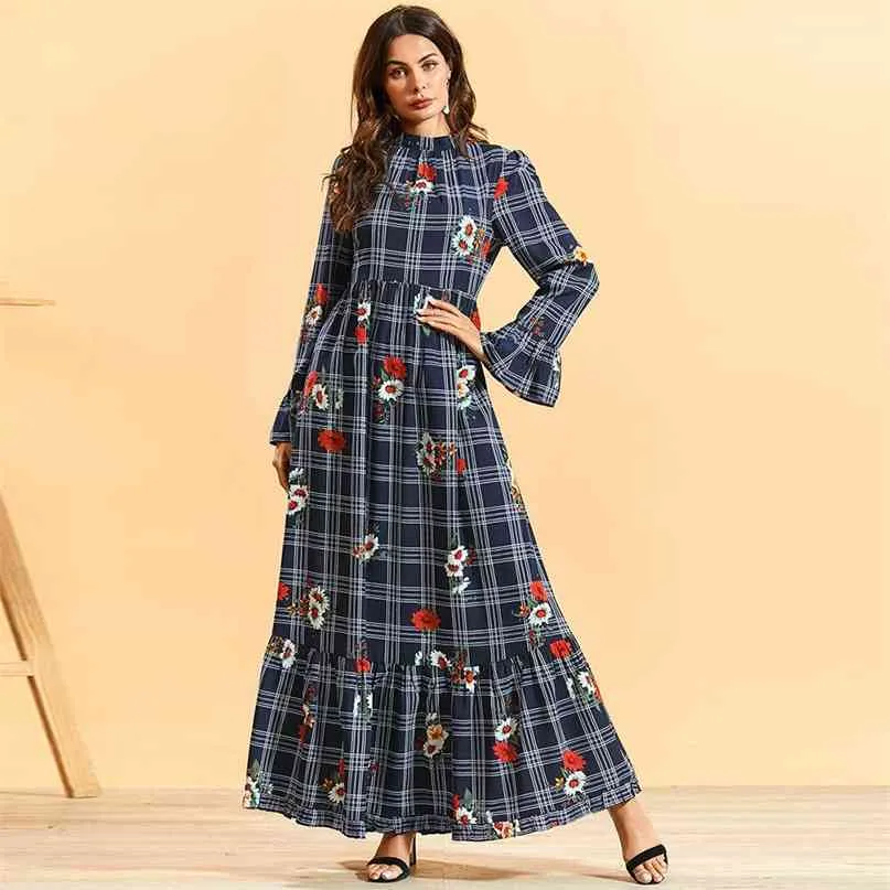 Navy Blue Plaid Floral Long Dress Stand Collar Sleeve Maxi A Line Dresses Plus Size Spring Women Clothing 210517