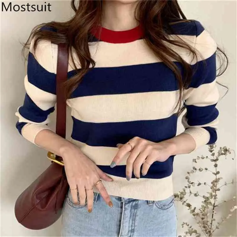 Spring Korean Knitted Striped Pullover Sweater Women Long Sleeve O-neck Vintage Fashion Casual Female Tops Sweaters 210513