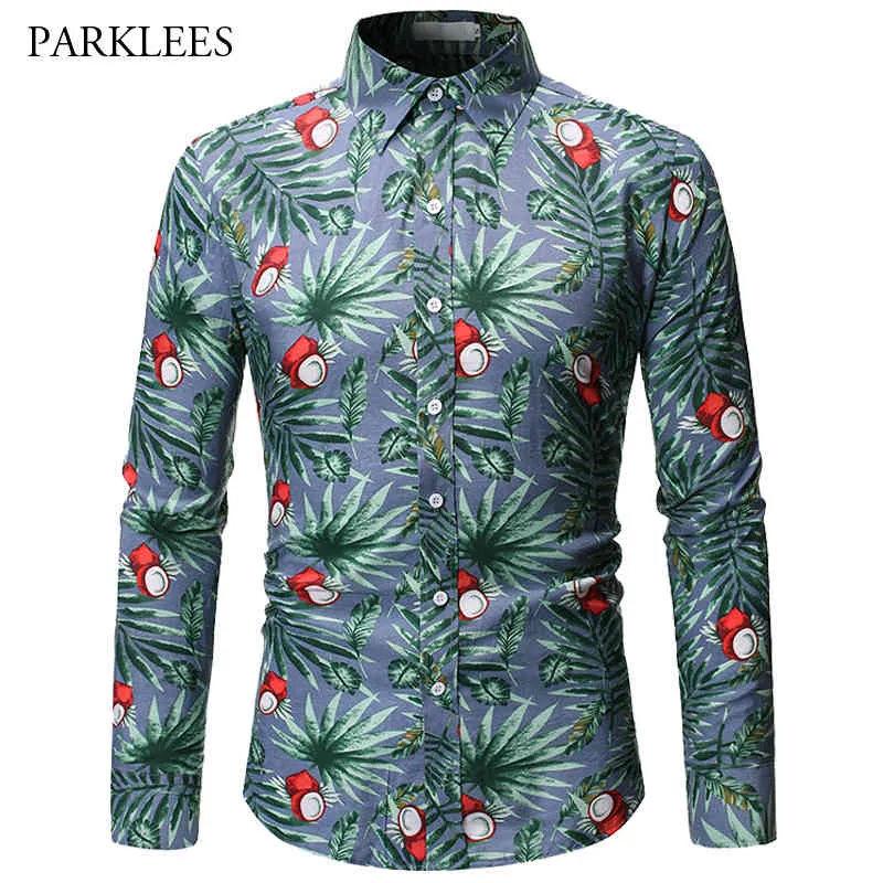 Herbst Kokosnuss Muster Floral Herren Hemd Hawaii Strand Langarm Männer Button up Casual Shirt Baumwolle Druck Dünnes Hemd hombre 210524