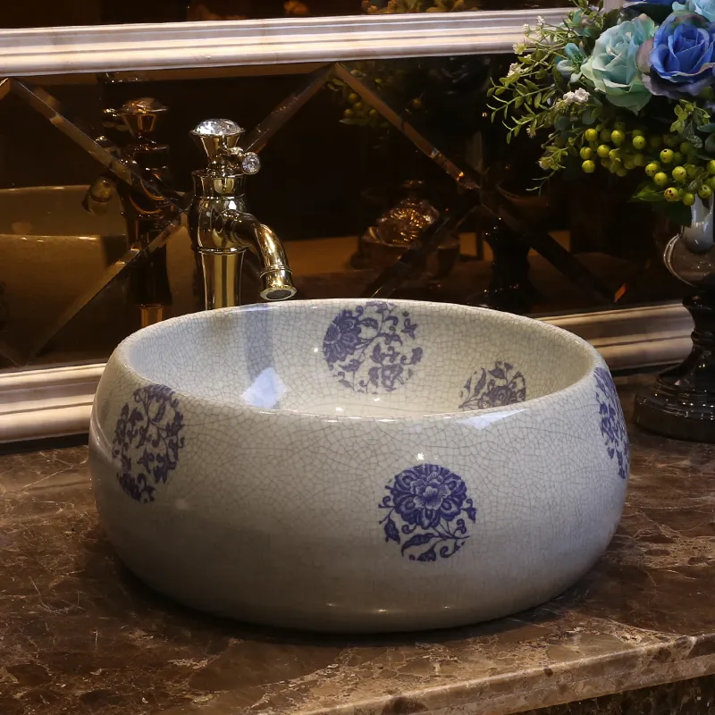 Europe Style Chinese Wash Basin Fartyg sänker Jingdezhen Art Counter Top Keramisk Basin Sink Sink Art Washbasins Round