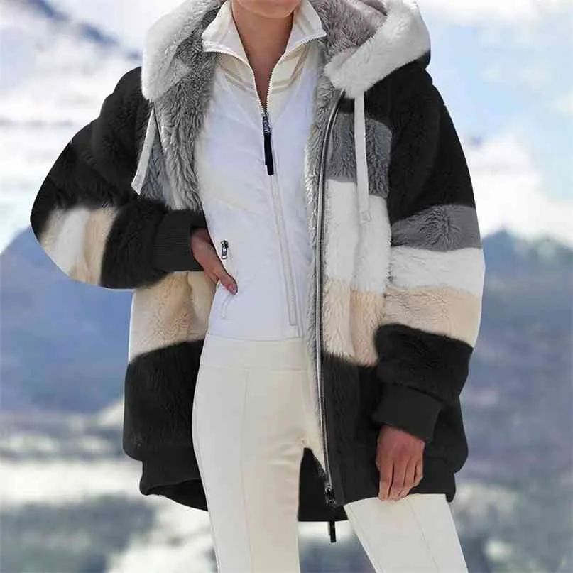 Giacca da donna invernale Calda felpa con cappuccio allentata spessa Cappotto Patchwork di colore misto Outwear Pelliccia sintetica Zip Up Ladies Parka 210923