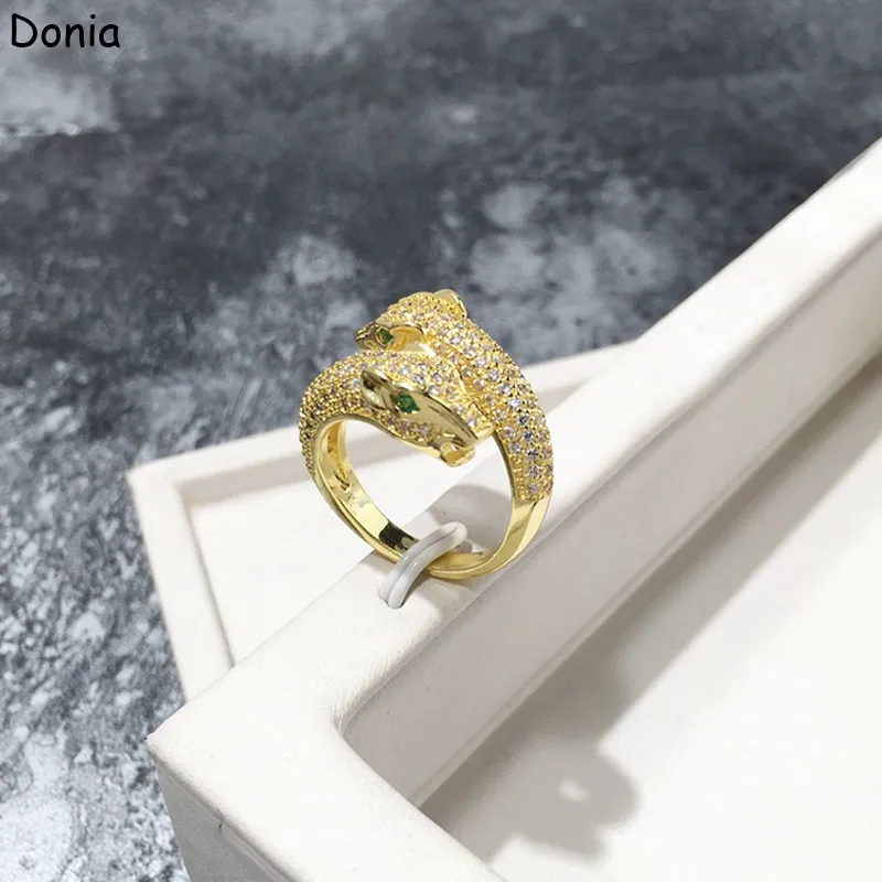 Donia smycken lyx ring europeisk och amerikansk mode grön öga dubbel huvud leopard kopparmicro-inlaid zircon designer gåva