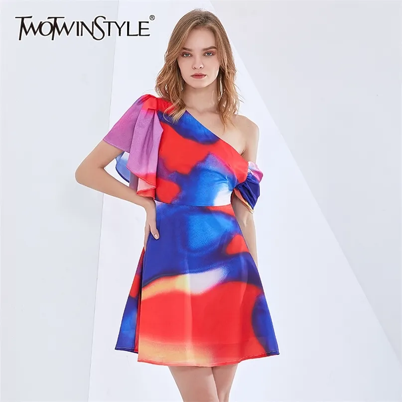 Sexy Print Tie Dye Kleid für Frauen Asymmetrischer Kragen Kurzarm Hohe Taille Hit Farbe Kleider Weibliche Mode 210520