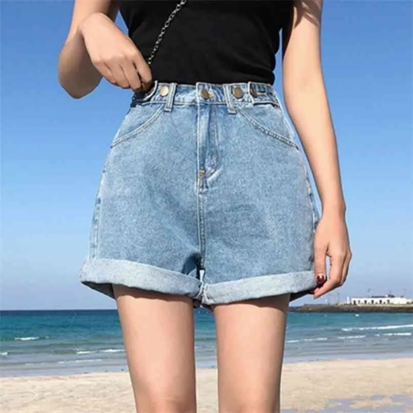 Vintage taille haute bleu jambe large femme jean shorts femmes denim classique décontracté été dames jeans pour femmes 210724