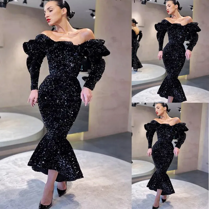 Siyah Sequins Gelinlik Modelleri Mermaid Abiye giyim Uzun Kollu Omuz Örgün Parti Özel Yapılan Elbise