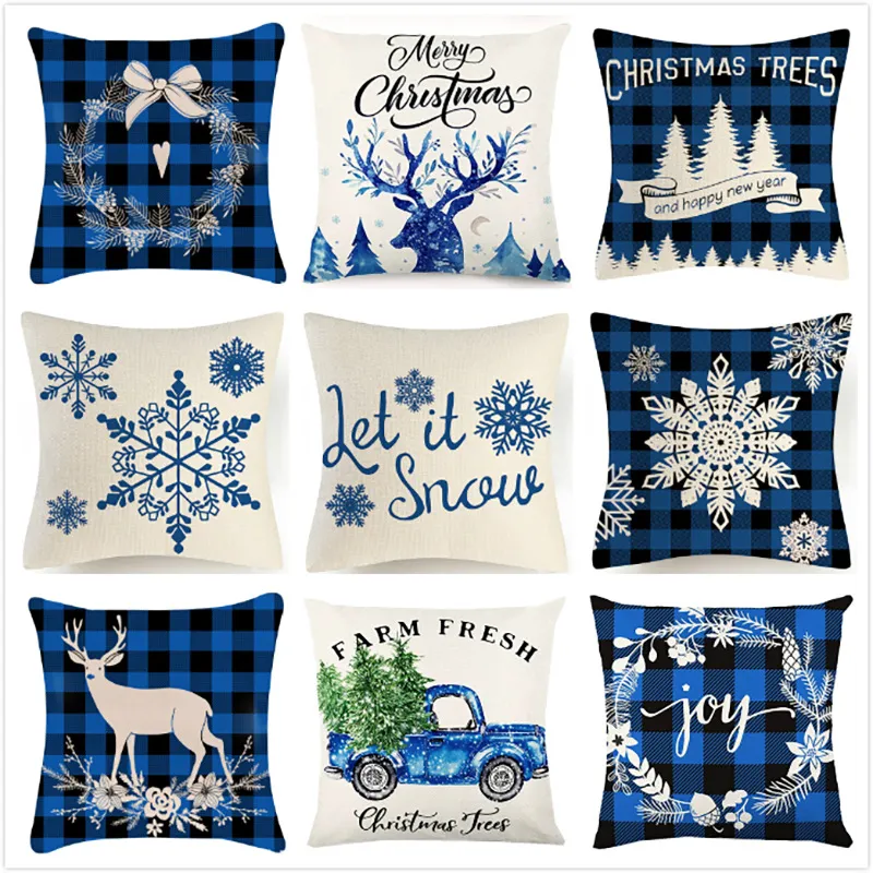 Kerst Kussensloop Blauw Plaid Gedrukt Sierkussensstof Xmas Kussens Covers Boerderij Kussenhoes Home Decor CGGY267