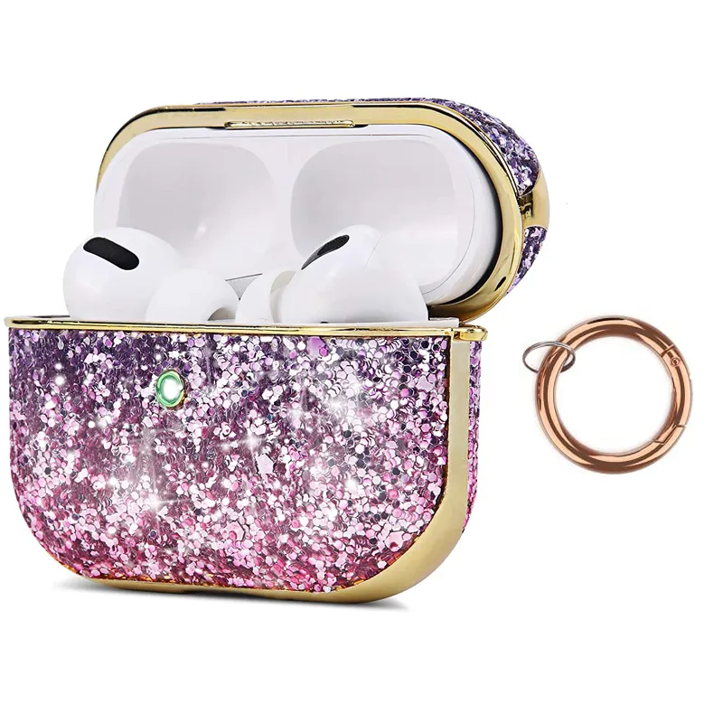 Bling Glitter Gradient Rainbow Full Diamond Plating Headphone Tillbehör Stötskyddad skyddsväska med Keychain Hook för Apple AirPods 1 2 Pro