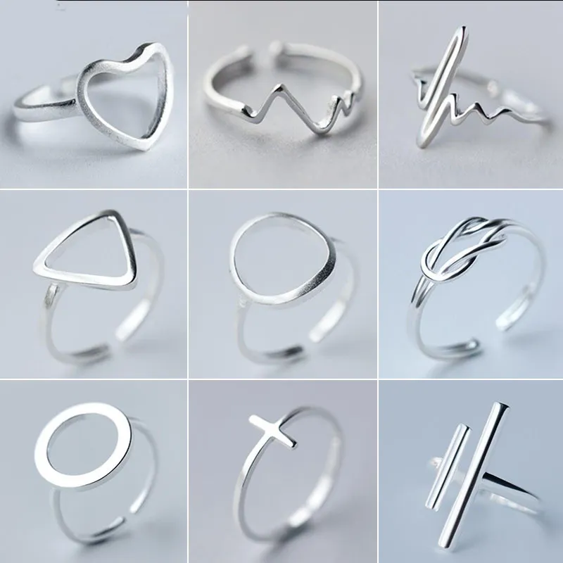 Minimalistyczna biżuteria Srebrny kolor Geometryczne pierścienie dla kobiet Regulowany Round Triangle Heartbeat Ring Bague Femme