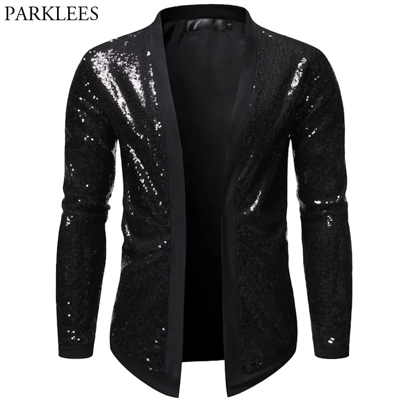 Glitter Mens Chaqueta negra Brillante Lentejuelas Chaqueta para hombre Traje de escenario Hombres Fiesta Discoteca Dj Danza Cantante Show Hombres Chaquetas Masculino 210524