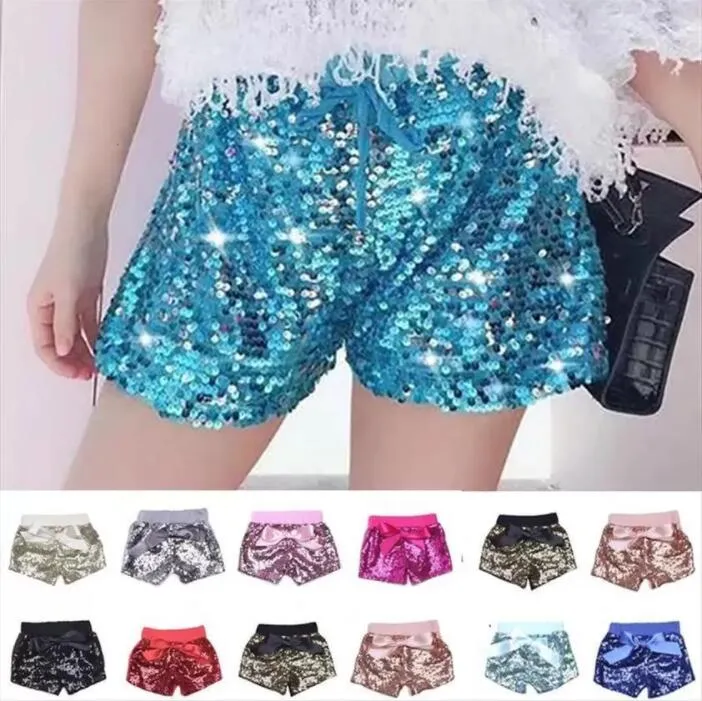 Baby paljetter shorts flickor glitter bling dans sommarbyxor paljett dräkt glöd bowknot kort mode butik byxor 17 färger havsfartyg b7809