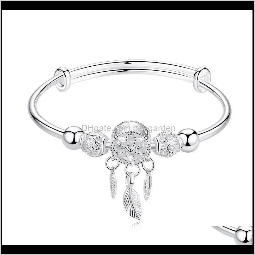 Adjustable 925 Sterling Silver Dreamcatcher Tassel Feather Round Bead Charm Bracelet &Bangle For Women Elegant Jewelry sl209