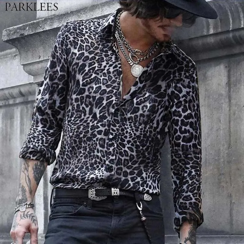Heren Sexy Leopard Python Print Shirt Casual Button Down Lange Mouwen Shirts Heren Party Casual Social Streetwear Camisa 210522