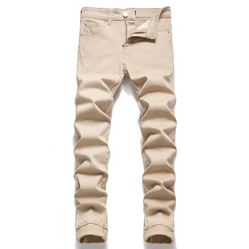 Enkel design stretch smal passform herr byxor solid färg casual jeans hand repor män all-match byxor pantalons häll hommes