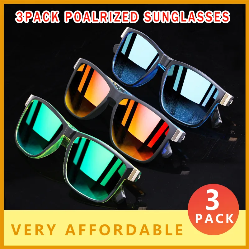 3 paket spor stil polarize güneş gözlüğü erkekler mavi yeşil kırmızı ayna lens kare süper ışık çerçeve UV400 gözlük