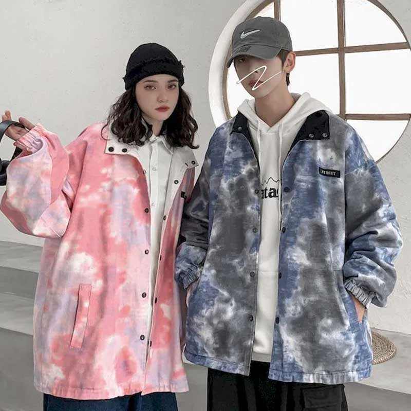 Autumn loose jacket men's casual fashion coat tie-dye trend double-sided square collar wild 210526