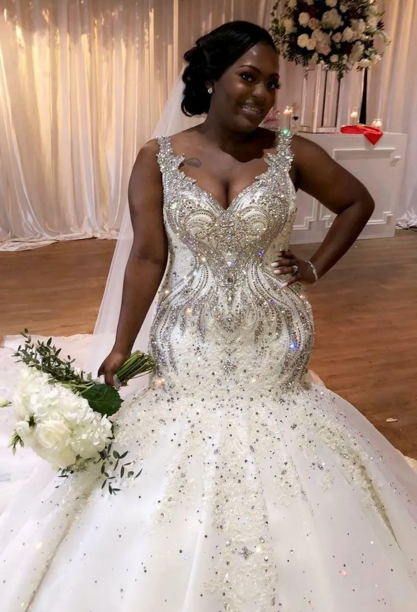 Luxe Cristaux Perles Sirène Robes De Mariée 2021 Bretelles Long Train Afrique Robes De Mariée Appliques Dentelle Cathédrale Chapelle Plus La Taille Robe De Mariée Vestidos