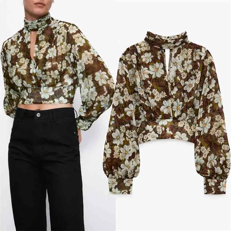 Cópia Floral Crop Top Mulheres Vintage Pescoço Vintage Longo Slow Sleeve Chiffon Blusa Mulher Moda Moda Peito Frente Slit Elastic Hem 210519