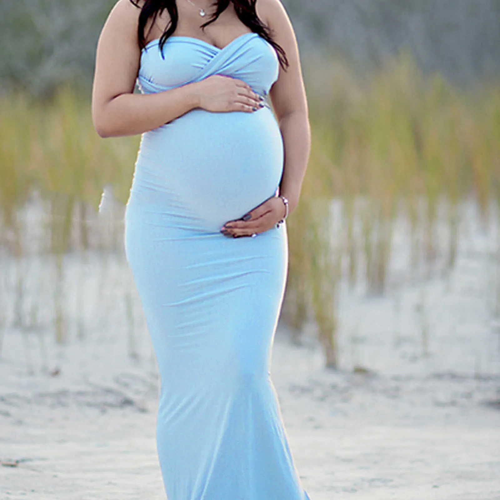 blue choir dresses Long Floral Print Maternity Photoshoot Dresses M main image 1