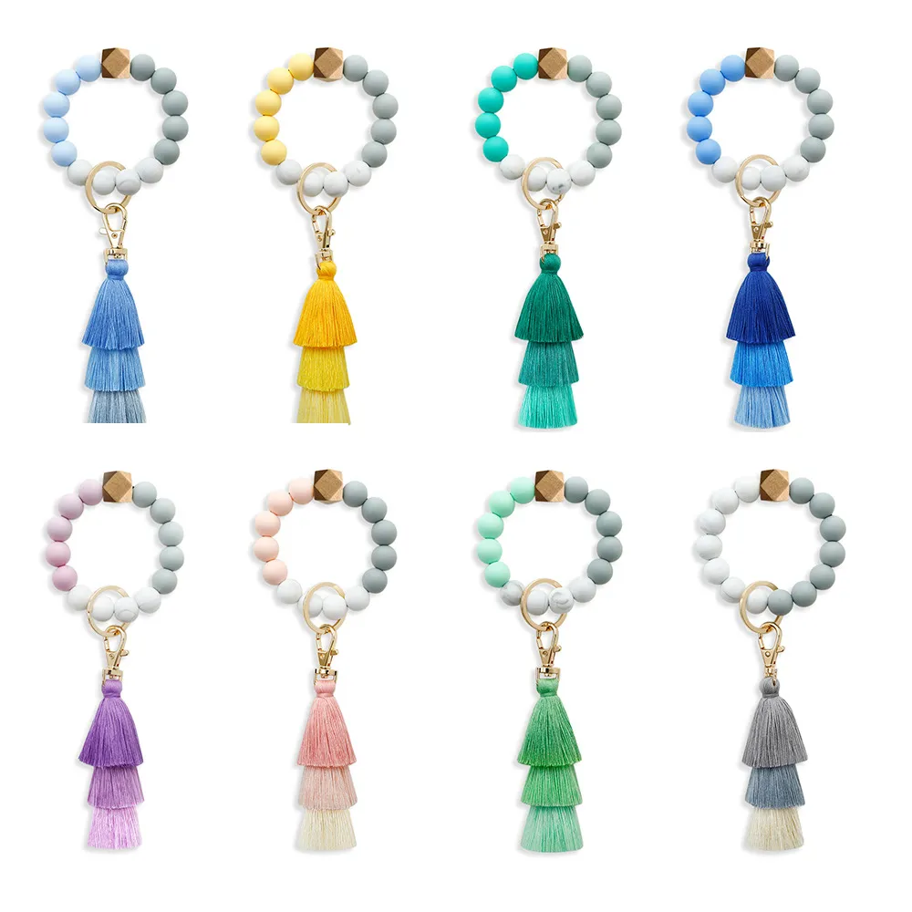 Silikagel-Perlen-Schlüsselanhänger, Partybevorzugung, weibliches Armband aus lebensmittelechtem Silikon, Schlüsselanhänger, Quaste, elastisches Seil, Perlen, Handschnur, Schlüsselanhänger, Anhänger, 8 Farben, wmq1015