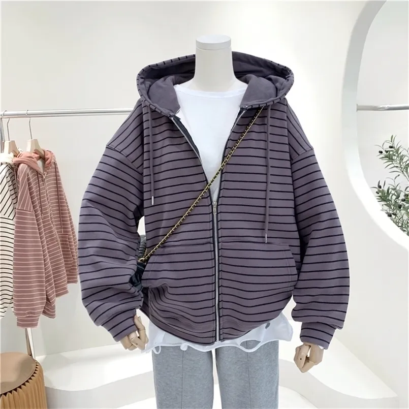 Kvinnors Stripe Zipper Hoodie Coat Stor Storlek Lös Casual Tjockerad Fleece Jacka Full Zip Up Sherpa Lined Hooded Sweatshirt 220311