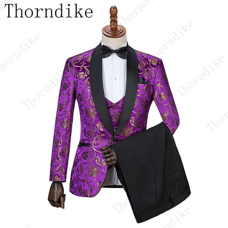 Purple Jacquard One Button Groomsmen Shawl Lapel Groom Tuxedos Men Suits Wedding/Prom/Dinner Best Man Blazer(Jacket+Vest+Pants) X0909