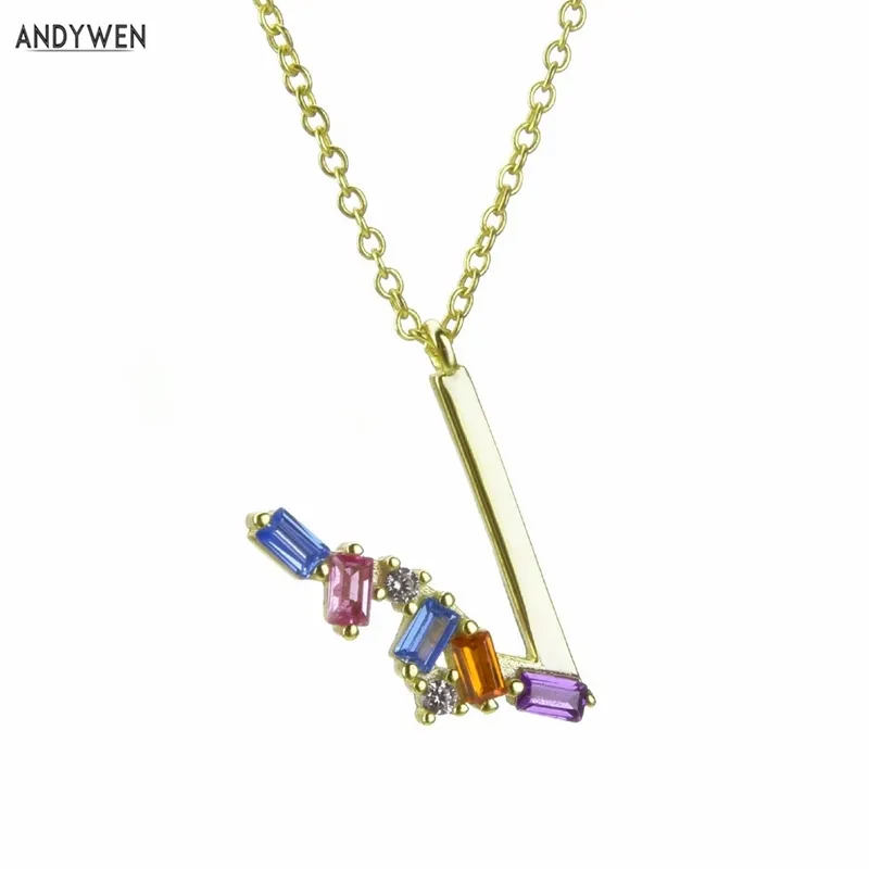 ANDYWEN 925 Sterling Silver Mini Initial V T Letter Long Chain Alphabet Pendant Crystal Rainbow CZ Zircon Necklace