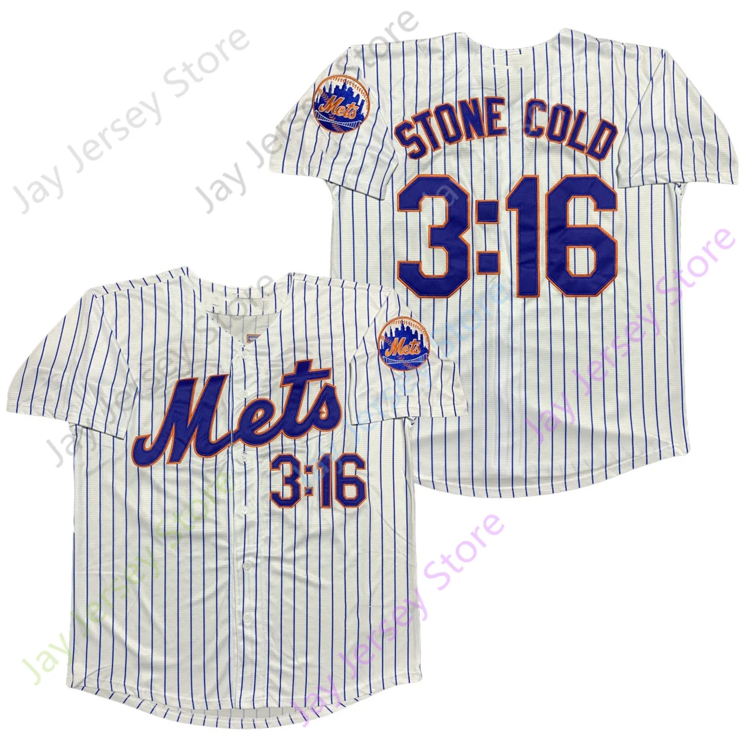 3 16 Stone Cold Jersey Retro White Pinstripe Tamaño S-3XL Todos los bordados cosidos Botón de base frío