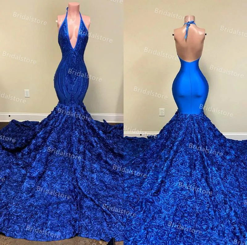 Verkliga afrikanska sjöjungfrun prom klänningar med appliqes paljetter halter v nacke sexig backless plus storlek formellt speciellt tillfälle kjol elegant kungliga blå kvällsklänningar