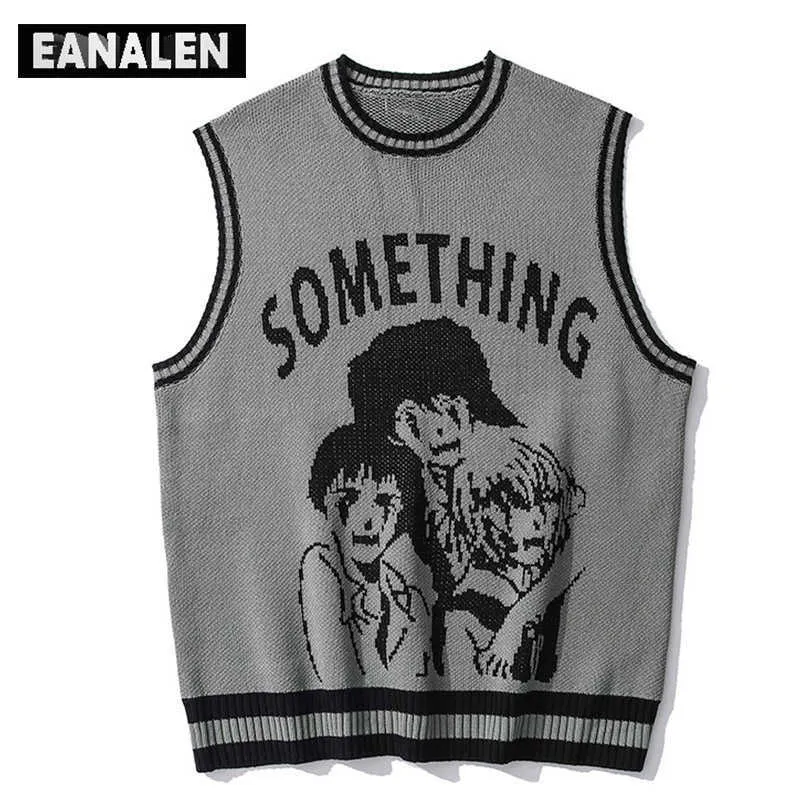 Japanese cartoons animation knitted sweater vest men's contrast color sleeveless pullover women Harajuku retro street clothing 211014