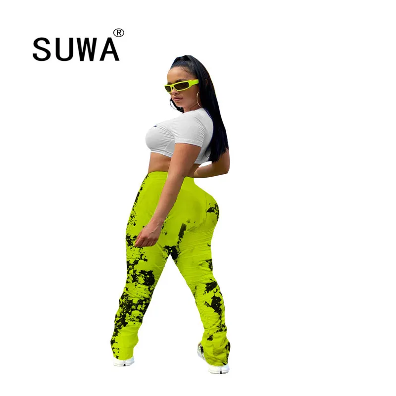 Moda corredores para mulheres calças de cintura alta calças gravata tintura calça suave streetwear casual empilhado legging 210525