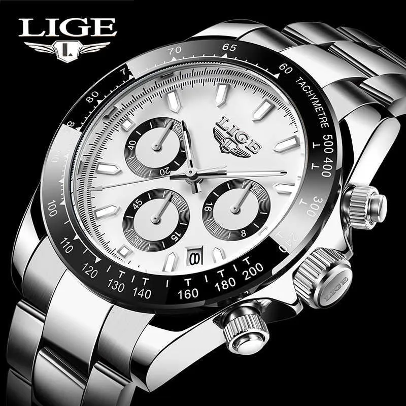Спортивные наручные часы для человека Lige Top Brand Нержавеющая сталь Водонепроницаемые часы Мужчины Часы Военный кварцевый наручный часовый Chronograph 210527