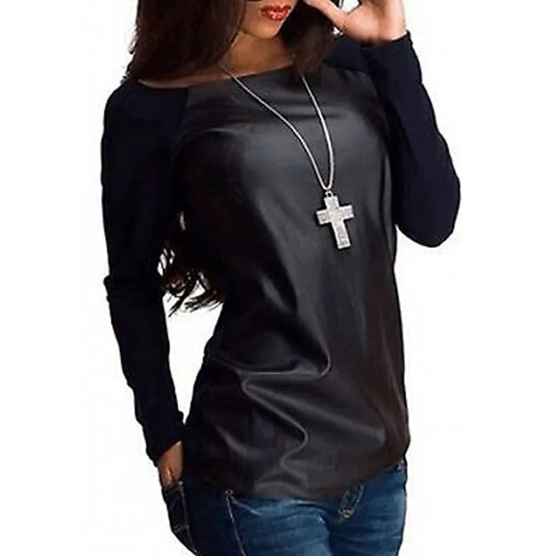 Women's T-shirt Women T-shirt Sexy Ladies Faux Leather Long Sleeve Casual Tops Patchwork Female Basic Round Neck Clothing 210522