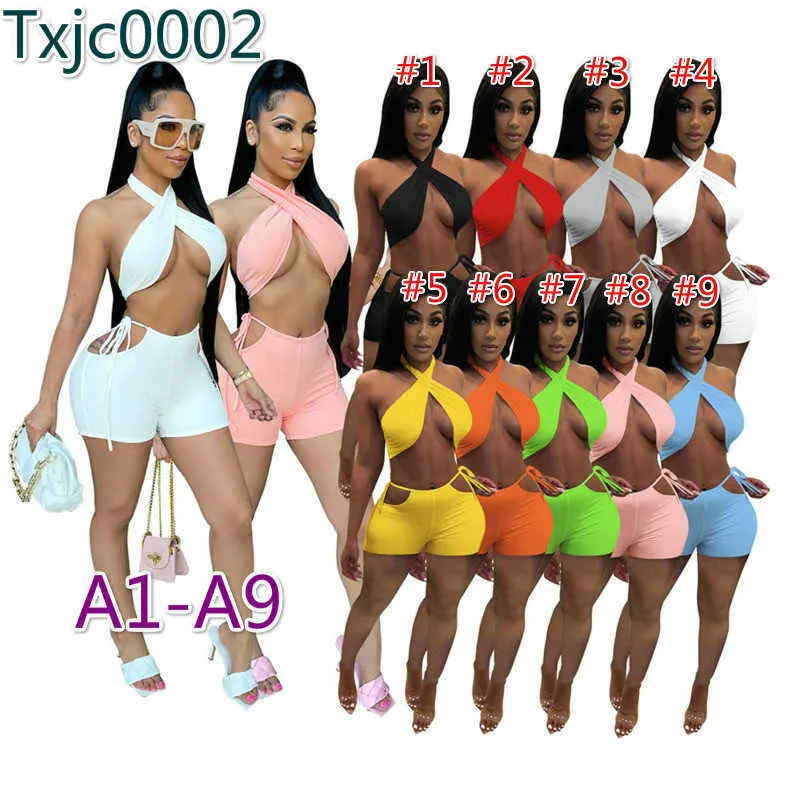 Women Two Pieces Pants Set Designer Tracksuits Slim Sexy Sleeveless Halter Neck Design Summer Casual Suits Solid Colour Shorts Outfits