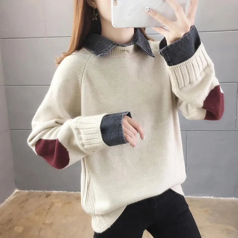 두꺼운 열 코어 원사 좋은 품질 2021 겨울 니트 가짜 2 조각 풀오버 솔리드 컬러 여성 긴팔 스웨터 스웨터