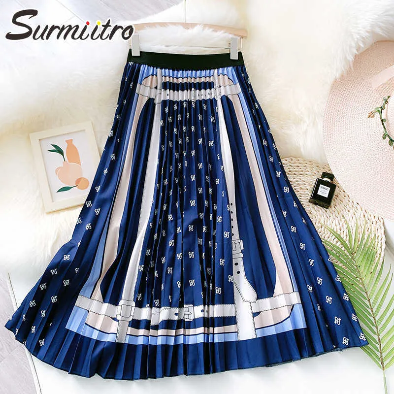 SURMIITRO SOMMER MIDI LONG PLATED kjol Kvinnor Koreansk stil Vintage Blå Print Hög midja Midlängd En Linje Skirt Kvinna 210712